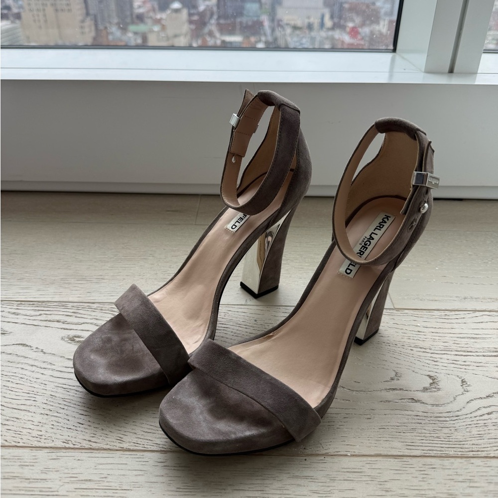 Karl Lagerfeld Grey Suede Strappy Heels with Silver Heel. Size 9.5